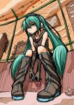  barbed_wire boots elbow_gloves fence fingerless_gloves gloves green_eyes green_hair hatsune_miku headphones highres knee_boots long_hair norennukarumi nukarumi_noren sitting solo twintails very_long_hair vocaloid 