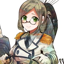  1girl bangs blue_eyes brown_hair cannon collared_shirt double-breasted epaulettes folded_ponytail glasses gloves green_eyes itomugi-kun jacket kantai_collection katori_(kantai_collection) machinery military military_uniform necktie parted_bangs pointer riding_crop silver_hair skirt smile turret uniform white_gloves 