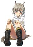  animal_ears blue_eyes blush boots character_request eugenia_horbaczewski fang glasses kyougoku_shin looking_at_viewer rough short_hair silver_hair simple_background sitting smile solo strike_witches tail white_background 