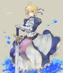  ahoge armor armored_dress blonde_hair dress excalibur fate/stay_night fate/zero fate_(series) gauntlets green_eyes hair_ribbon hands_on_hilt nabiket planted_sword planted_weapon ribbon saber solo sword weapon 