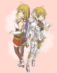  ahoge blonde_hair cyborg down_blouse fiorun from_above from_behind green_eyes long_hair midriff multiple_girls pontaaaaa short_hair shorts spoilers thigh-highs thighhighs xenoblade 