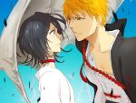  1girl 3_(200870239) bandage bandages black_hair bleach blonde_hair blood choker face-to-face japanese_clothes kuchiki_rukia kurosaki_ichigo orange_hair parted_lips profile short_hair sword weapon yellow_eyes 