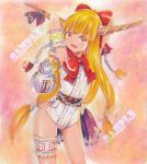  :d adapted_costume armband armpits arms_up blonde_hair blush bow chain chains fang hair_bow hair_ribbon holding horns ibuki_suika leotard long_hair looking_at_viewer mayo_riyo open_mouth race_queen ribbon sample smile solo thigh_strap touhou traditional_media yellow_eyes 