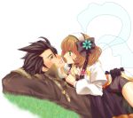  1boy 1girl alvin_(tales_of_xillia) black_hair breasts brown_eyes brown_hair character_request cleavage dosugon eye_contact face-to-face girl_on_top gloves green_eyes leia_roland looking_at_another lying short_hair smile tales_of_(series) tales_of_xillia 