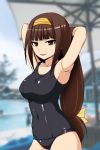  ajimu_najimi armpits breasts brown_eyes brown_hair hairband jiisuke large_breasts long_hair medaka_box one-piece_swimsuit open_mouth school_swimsuit smile solo swimsuit 