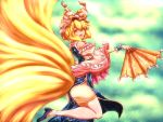  bare_shoulders barshoulders blonde_hair chinese_clothes detached_sleeves earthore_(noripeti) fan folding_fan fox_tail hat highres multiple_tails open_mouth short_hair smile solo tail thigh-highs thighhighs touhou white_legwear yakumo_ran yellow_eyes 