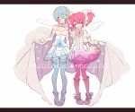  armband bandaid blue_hair bow breasts cape cleavage closed_eyes cuts eyes_closed gloves hair_bow hair_ornament hairclip hand_holding highres holding_hands injury kaname_madoka kuchibashi mahou_shoujo_madoka_magica mahou_shoujo_madoka_magica_movie miki_sayaka multiple_girls open_mouth pink_hair short_hair short_twintails smile soul_gem thigh-highs thighhighs twintails wings zettai_ryouiki 