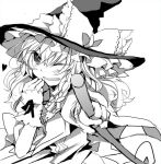  blush hat heart kirisame_marisa long_hair looking_at_viewer monochrome poprication smile solo touhou wink witch_hat 