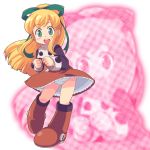  blonde_hair blush_stickers boots full_body green_eyes hair_ribbon ki_(adotadot) long_hair long_sleeves looking_at_viewer open_mouth panties petticoat ponytail ribbon rockman rockman_(classic) roll solo standing thighs underwear wind_lift zoom_layer 