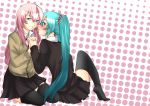  absurdres aqua_eyes aqua_hair blue_eyes blush hand_holding hatsune_miku highres holding_hands long_hair megurine_luka multiple_girls pink_hair polka_dot polka_dot_background scrunchie shinsei_(easycross1226) sitting skirt thigh-highs thighhighs twintails vocaloid yuri 