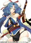  antique_firearm bare_shoulders blue_hair breasts firelock flintlock green_eyes large_breasts long_hair matchlock mole ryuuta_(msxtr) sengoku_bushou_hime_muramasa shimazu_takahisa solo sword weapon 