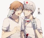  alternate_costume blood brown_hair creepy dual_persona evil_grin evil_smile gloves grey_hair grin hanamura_yousuke hat multiple_boys mushisotisis narukami_yuu nurse nurse_cap persona persona_4 scalpel scared shaded_face short_hair signature simple_background smile sword tears weapon white_background yellow_eyes 