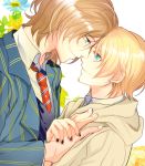  blazer blonde_hair blue_eyes glasses green_eyes kurusu_shou male multiple_boys necktie school_uniform shinomiya_natsuki shoko_makiko short_hair smile uta_no_prince-sama yaoi 