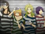  3girls :p ahoge angry annie_(saga_frontier) aqua_eyes blonde_hair breasts brown_hair character_name cleavage covering_eyes em_adm emilia_(saga_frontier) green_hair grey_eyes hand_on_hip lineup liza_(saga_frontier) long_hair male multiple_girls name_tag orange_hair prison prison_clothes purple_eyes purple_hair quartet roufas saga saga_frontier shirt silver_eyes sleeves_pushed_up smile striped striped_print striped_shirt text tongue violet_eyes 
