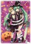  :o animal_ears bandage_over_one_eye blonde_hair candy chain chains d: dress elbow_gloves gloves green_eyes green_hair halloween hat hatsune_miku high_heels hikari_no jack-o&#039;-lantern jack-o'-lantern kagamine_len long_hair musical_note open_mouth shoes spring_onion tail twintails very_long_hair vocaloid witch_hat 