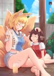  alternate_costume animal_ears barefoot blonde_hair brown_hair casual cat_ears cat_tail chen closed_eyes contemporary cup denim denim_shorts fang feet fox_ears fox_tail glass hand_on_head index_finger_raised jewelry multiple_girls multiple_tails navel raised_finger shirt short_hair shorts single_earring sitting smile straw tail touhou twilightrain wind_chime wink yakumo_ran yellow_eyes 