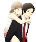  1girl adachi_tooru black_hair brown_eyes brown_hair child doujima_nanako formal male mushisotisis necktie open_mouth persona persona_4 ribbon short_hair short_twintails smile suit twintails 