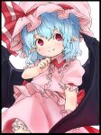  bat_wings bloomers blue_hair border child frame grin hat hat_ribbon highres hutaba123 looking_at_viewer pink_eyes pointy_ears puffy_sleeves red_eyes remilia_scarlet ribbon shirt short_hair short_sleeves skirt skirt_set smile solo touhou wings 