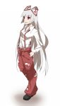  bow breasts fujiwara_no_mokou grey_hair hair_bow hair_ornament hands_in_pockets highres hiro_(pqtks113) long_hair looking_at_viewer open_mouth red_eyes shadow shoes simple_background smile solo suspenders touhou very_long_hair white_background 