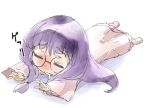  1girl blush chibi drooling glasses long_hair lying on_stomach open_mouth patchouli_knowledge purple_hair smile solo touhou yohane 
