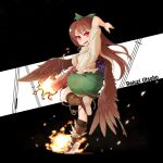  arm_cannon black_legwear boots bow brown_hair cape hair_bow kneehighs leg_up long_hair mouth_hold red_eyes reiuji_utsuho sacha short_sleeves skirt smile solo standing_on_one_leg touhou weapon wings 