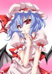  absurdres blue_hair finger_to_mouth hat hat_ribbon highres looking_at_viewer red_eyes remilia_scarlet ribbon short_hair skirt skirt_set solo touhou touhu touhu_(friend_coffee) wings 