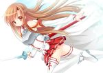  asuna_(sao) bare_shoulders breastplate brown_eyes brown_hair detached_sleeves holding long_hair looking_at_viewer nakada_rumi outstretched_arm scabbard sheath skirt solo sword sword_art_online thigh-highs thighhighs weapon white_legwear 