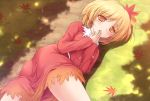  aki_shizuha animated animated_png ass blonde_hair blush dress hair_ornament hands_to_mouth highres leaf lying lzh maple_leaf no_pants on_side panties short_hair solo touhou underwear white_panties yellow_eyes 