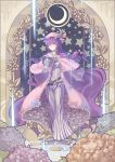  art_nouveau book capelet crescent dress flower gloves hat highres holding holding_book long_hair looking_at_viewer madyy magic_circle patchouli_knowledge purple_eyes purple_hair solo star striped striped_dress touhou violet_eyes white_gloves 