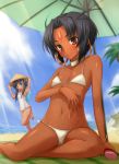  ahoge beach beach_umbrella bikini black_hair breasts brown_eyes daiteikoku dark_skin earrings facepaint femu_beko flat_chest hat highres jewelry lotion multiple_girls navel negija one-piece_swimsuit rain rice_hat saffron_veda short_hair sitting swimsuit 