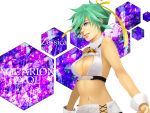  aquarion_(series) aquarion_evol areno bare_shoulders blue_eyes breasts cleavage cleavage_cutout green_hair hair_ribbon large_breasts midriff navel ribbon short_hair short_shorts shorts smile solo wrist_cuffs zessica_wong 