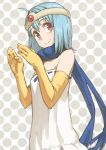  blue_hair circlet dragon_quest dragon_quest_iii dress elbow_gloves gloves polka_dot polka_dot_background red_eyes sage_(dq3) scarf shoe-ji smile solo yellow_gloves 