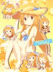  ^_^ ahoge bad_feet bad_id barefoot bikini black_legwear braid breasts brown_eyes character_name cheerleader chibi closed_eyes danny_choo_(website) hair_ornament hairband hat heart kumakichi_(toshigat) long_hair orange_hair ribbon smile solid_circle_eyes solo suenaga_mirai sun_hat swimsuit twin_braids 