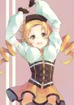  :d arms_up blonde_hair corset detached_sleeves dress drill_hair fingerless_gloves gloves hair_ornament mahou_shoujo_madoka_magica open_mouth puffy_sleeves smile solo t-okada thigh-highs thighhighs tomoe_mami twin_drills yellow_eyes 
