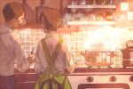  1girl brown_hair closed_eyes cooking eyes_closed frying_pan glass knife open_mouth original oven pon_(cielo) pot shirt skirt smile steam 