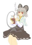  absurdres animal_ears basket capelet dress food grey_hair highres ishikkoro long_sleeves mouse mouse_ears mouse_tail nazrin open_mouth pocky red_eyes short_hair solo tail touhou translated translation_request 