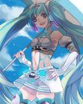  boots cloud clouds detached_sleeves hand_on_hip hatsune_miku iaki_mochiko long_hair nail_polish navel open_mouth race_queen racequeen see-through skirt sky solo thigh-highs thigh_boots thighhighs twintails umbrella very_long_hair vocaloid 