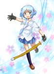  bad_id blue_eyes blue_hair blush gloves highres naganohara_mio nichijou open_mouth sachou shinai short_hair short_twintails skirt smile solo sword twintails weapon 