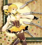  beret blonde_hair boots breasts corset detached_sleeves drill_hair fingerless_gloves gloves gun hair_ornament hat magical_girl magical_musket mahou_shoujo_madoka_magica outstretched_arm pleated_skirt skirt solo thigh-highs thighhighs tomoe_mami vertical-striped_legwear vertical_stripes weapon yellow_eyes yuzushinn 