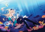  alice_(wonderland) alice_in_wonderland black_legwear blonde_hair blue_eyes bubble clownfish coral dress fish hairband long_hair reira_(zetalatte) smile solo sunbeam sunlight thigh-highs thighhighs underwater 