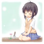  black_hair blush closed_eyes copyright_request eyes_closed flower gardening karaage3 open_mouth seiza sitting skirt smile solo sweater_vest 