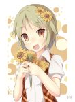  :d bad_id blush flower green_hair hair_flower hair_ornament holding kazami_yuuka looking_at_viewer nagomi_no_ame open_mouth plaid red_eyes short_hair smile solo sunflower touhou 