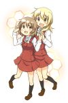  blonde_hair blush brown_eyes brown_hair hand_holding hidamari_sketch holding_hands honeycomb_background miyako mohya multiple_girls school_uniform yellow_eyes yuno 