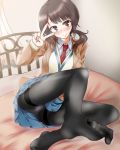  1girl bed black_legwear blazer blush brown_eyes brown_hair error feet foreshortening kyoukya_(kyouya02) necktie no_shoes okita_sawa on_bed panties panties_under_pantyhose pantyhose pov_feet school_uniform sitting solo sweat sweater tari_tari toes twintails underwear v_over_eye 