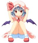  ascot bat_wings bloomers blue_hair blush brooch child cowering dress hands_on_hat hat hat_ribbon hat_tug jewelry knees_together_feet_apart looking_at_viewer mashima_(sumachi) pink_dress red_eyes remilia_scarlet ribbon short_hair short_sleeves sitting solo touhou wavy_mouth wings 