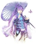  butterfly finger_to_mouth green_eyes japanese_clothes kamui_gakupo long_hair looking_at_viewer nail_polish ohse parasol ponytail purple_hair smile solo umbrella vocaloid 