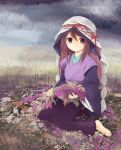  barefoot cloud clouds field flower hood japanese_clothes long_hair purple_eyes red_hair redhead sengoku_taisen sitting traditional_clothes veil violet_eyes wariza 