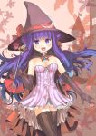  :d alternate_costume blush breasts cape cleavage crescent culter dress elbow_gloves gloves halloween hat hat_ribbon highres long_hair open_mouth patchouli_knowledge purple_eyes purple_hair ribbon smile solo striped striped_dress striped_legwear thigh-highs thighhighs touhou vertical_stripes violet_eyes wand witch_hat 