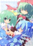  ascot blue_dress blue_hair bow brown_dress cirno closed_eyes daiyousei dress eyes_closed front_ponytail green_eyes green_hair hair_bow hair_ribbon kagiyama_hina multiple_girls nullpooo open_mouth puffy_sleeves ribbon shirt short_sleeves side_ponytail smile touhou wrist_grab 