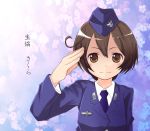  brown_eyes brown_hair copyright_request garrison_cap hat looking_at_viewer necktie sachou salute short_hair smile solo translated translation_request uniform 